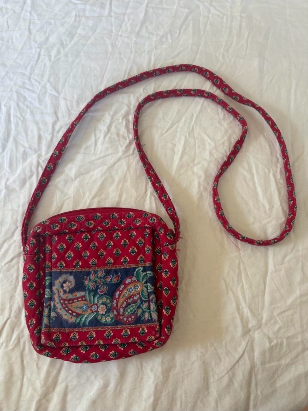 Red Floral Crossbody Bag with Paisley Accent